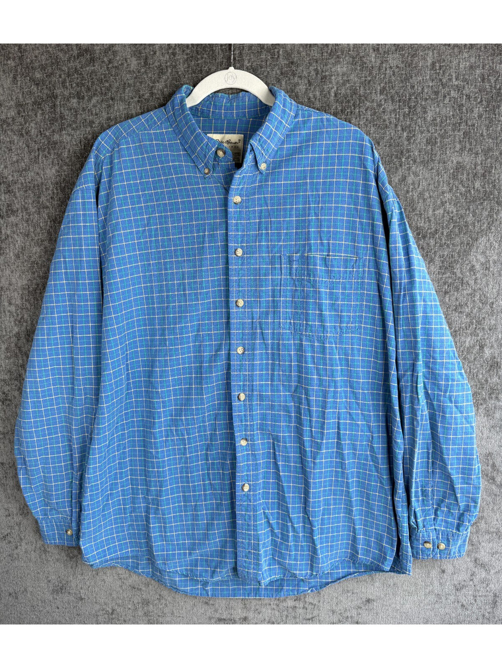 Vintage Eddie Bauer Mens XL Tall Plaid Button Down Shirt Blue Green Cotton 90s